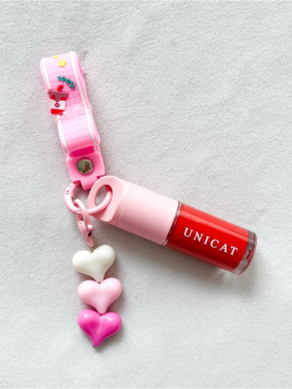 Unicat Red Pink Lip Stain with Keychain with Pink Strap and Heart Charms